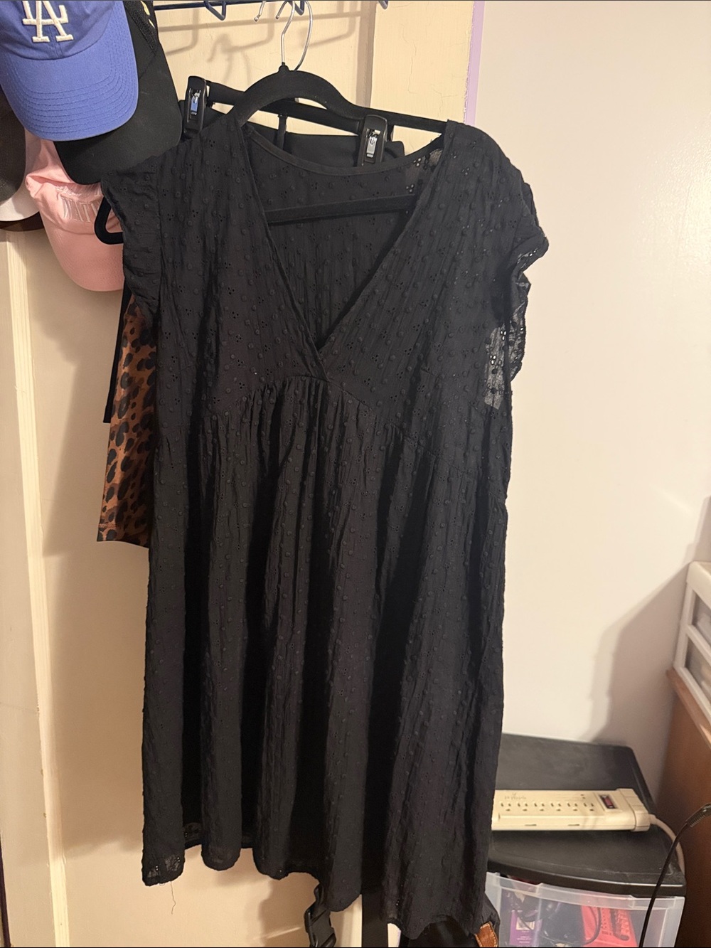 SHEIN Black Swiss Dot V-Neck Babydoll Dress